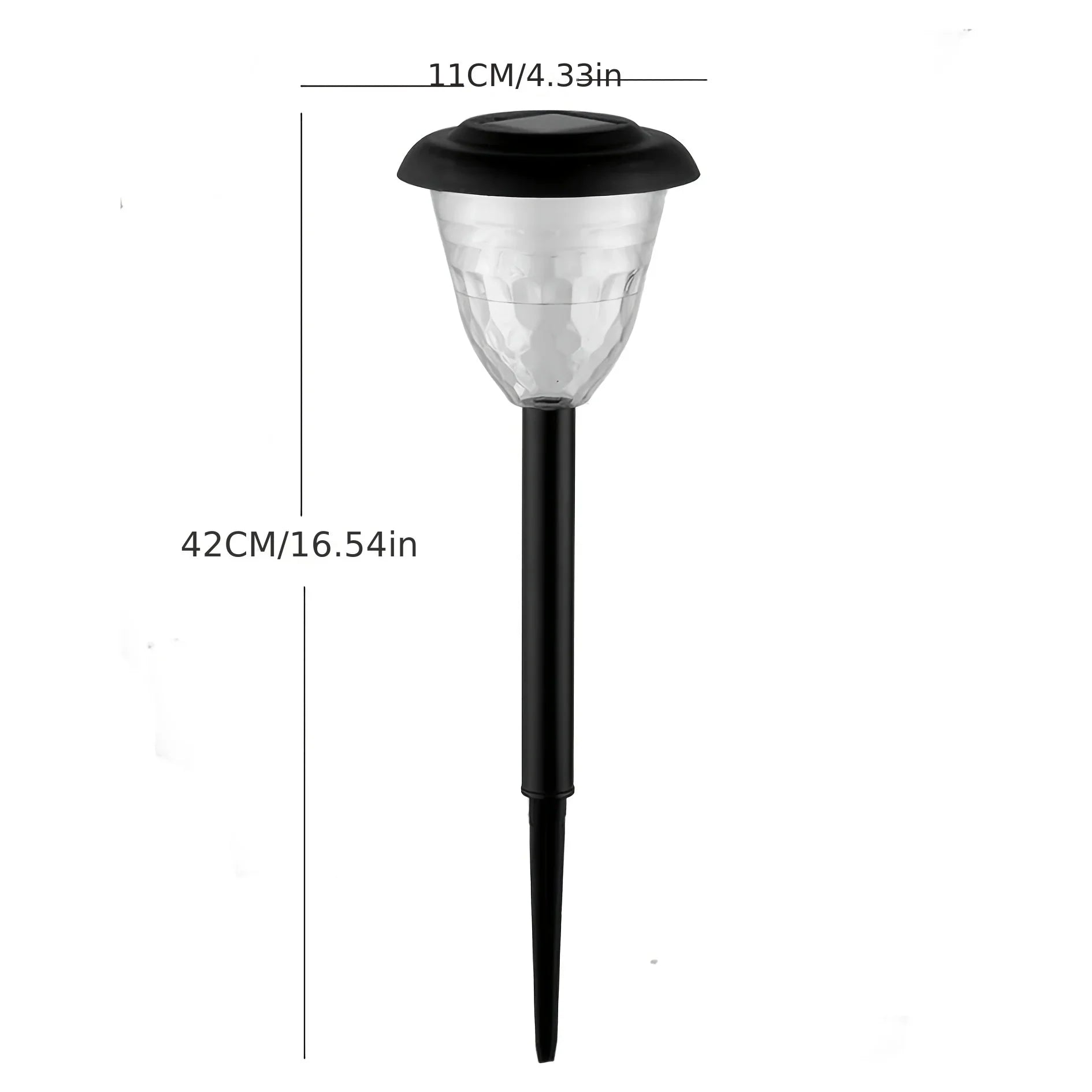 Black outdoor waterproof solar-powered garden path light with clear faceted glass shade and sleek plastic stem