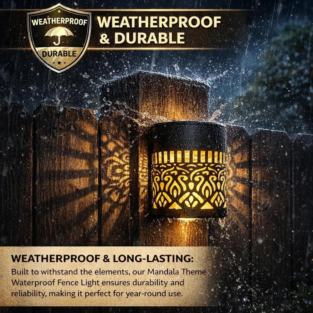 Black mandala-themed waterproof solar garden light with intricate golden cut-out patterns for outdoor decorative lighting