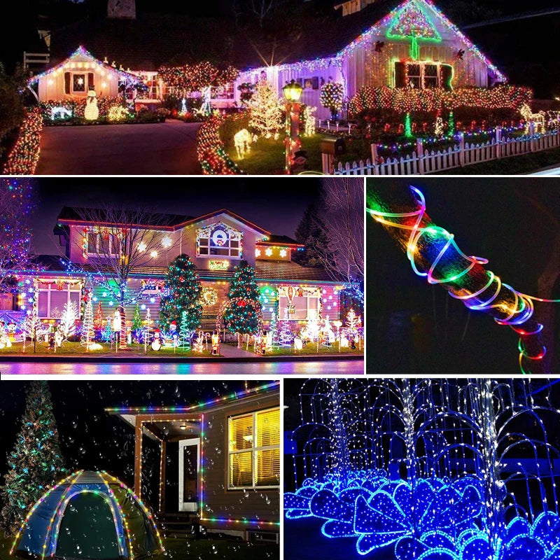 Colorful solar led rope lights with 8 light modes for outdoor garden decks and waterproof use in various designs
