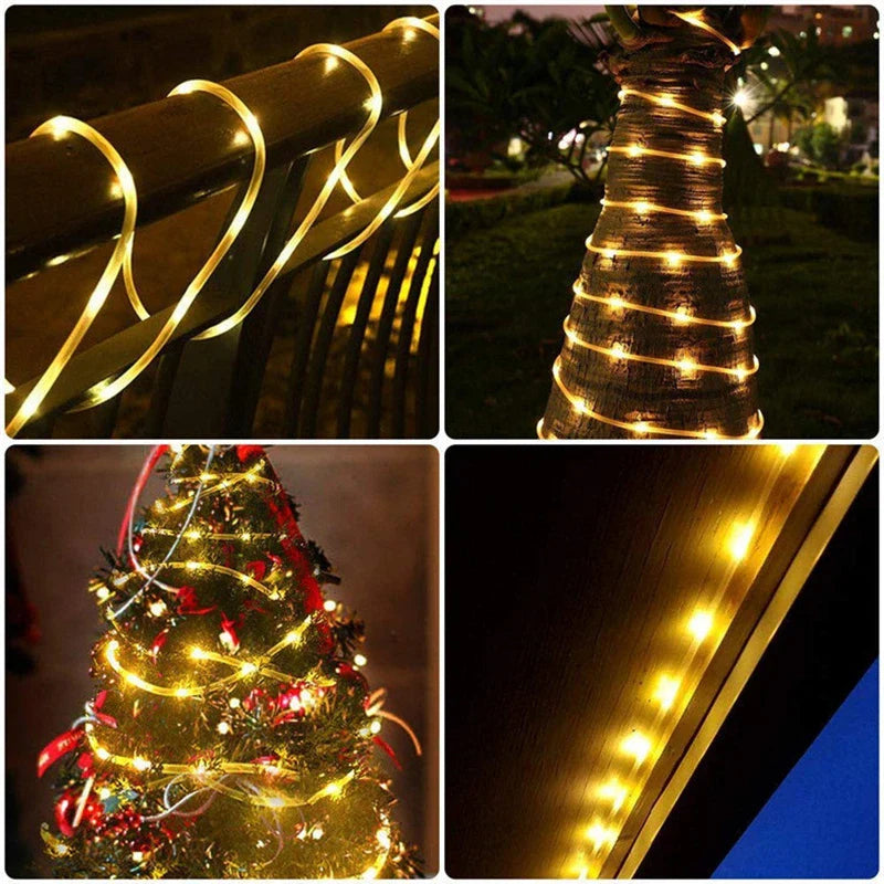 Warm white solar led rope lights flexible waterproof for outdoor garden railings trees and walls with 8 light modes