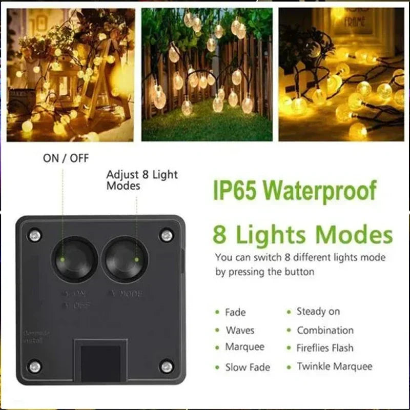 Black rectangular solar-powered light controller with two buttons and slot for 8 modes on outdoor warm yellow string lights