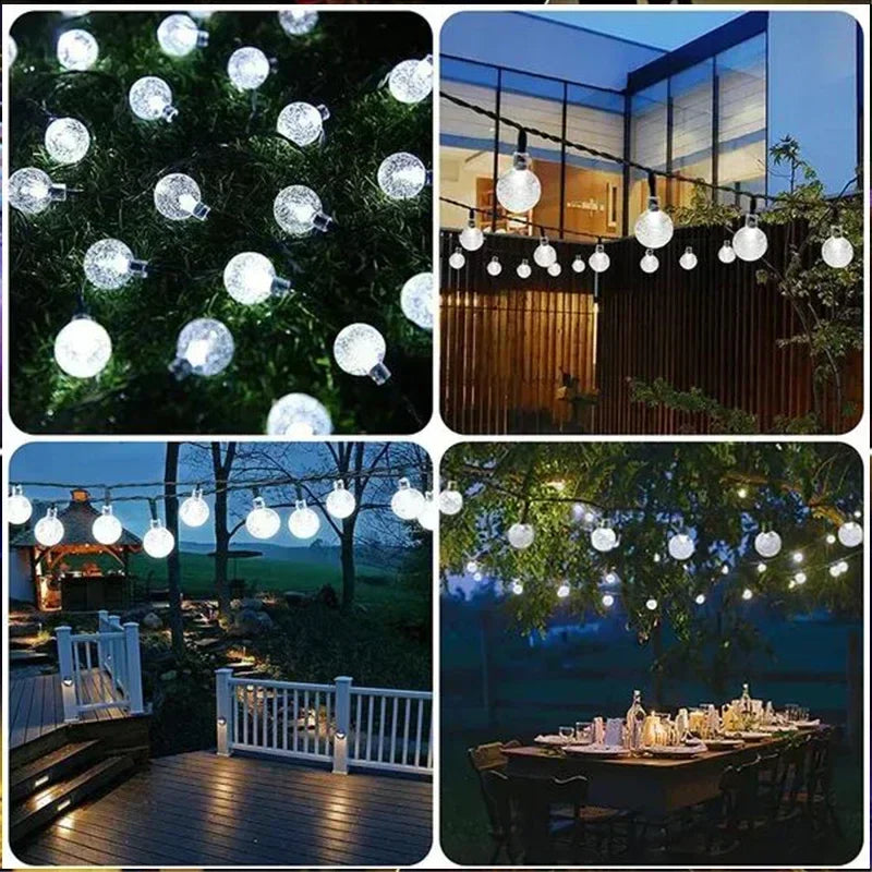 White spherical solar string lights with textured glass finish for outdoor garden party and christmas decor