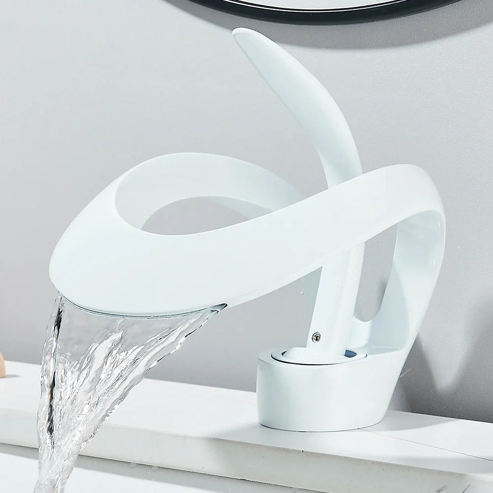 White sleek solid brass single hole waterfall basin faucet with single handle for cold water bathroom sink use