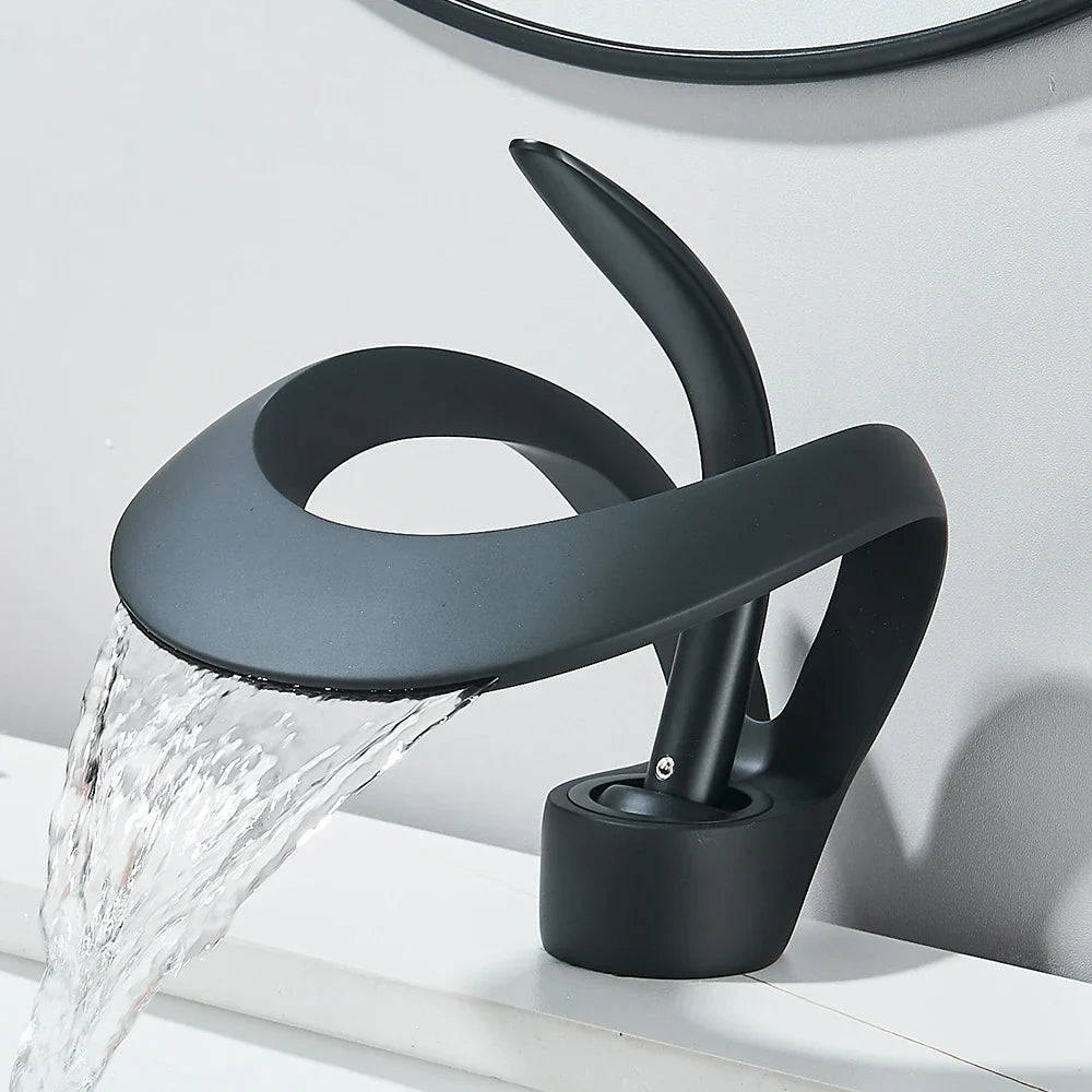Black matte solid brass waterfall basin faucet single hole single handle mixer tap for cold water bathroom sink