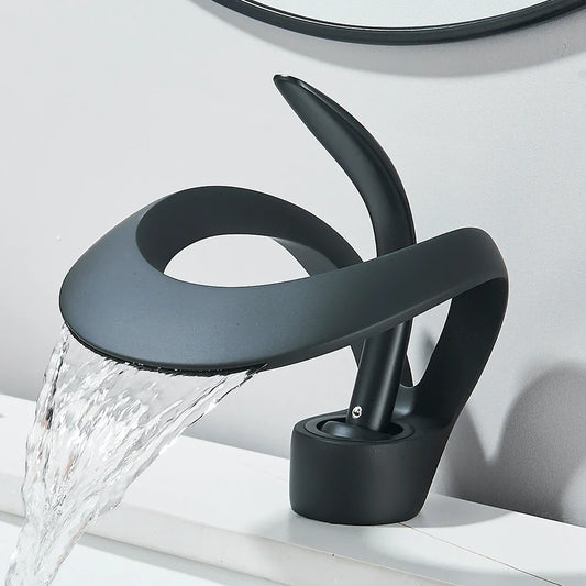 Black matte solid brass waterfall basin faucet single hole single handle mixer tap for cold water bathroom sink