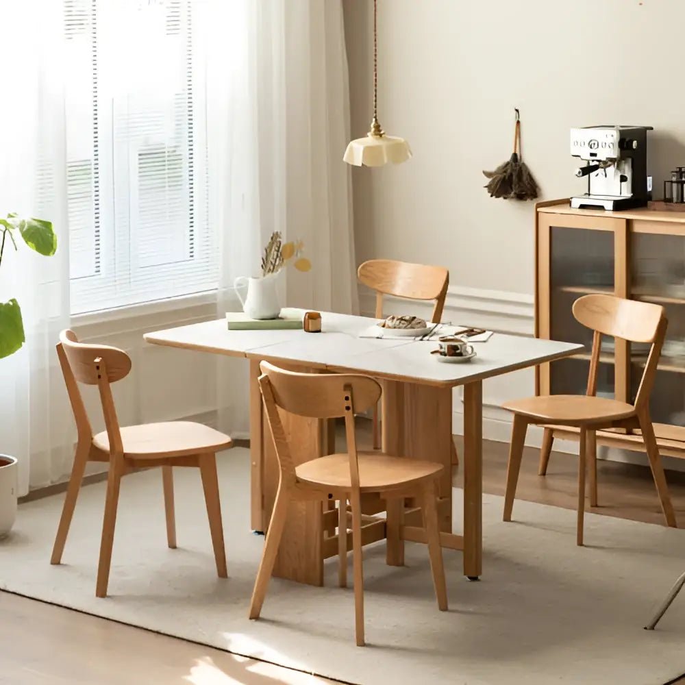 Solid oak white dining room set with comfortable seat depth - Decorbites