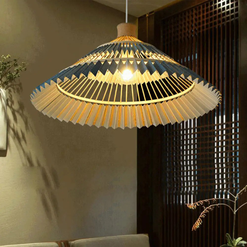 South-East Asian Bamboo Pendant Lamp with Blue Conical Shade - 1 Head Ceiling Lighting for Table - 16"/19.5" W