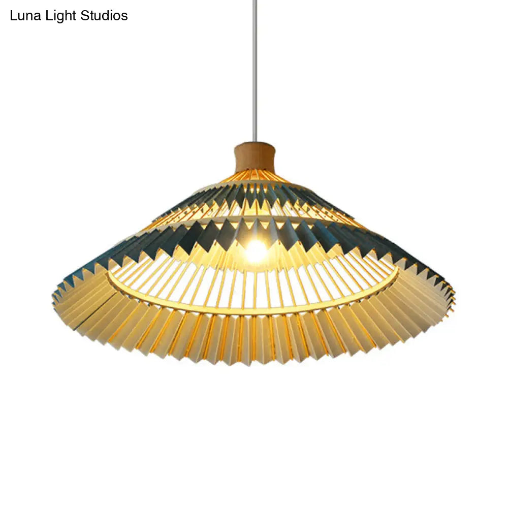 South-East Asian Bamboo Pendant Lamp with Blue Conical Shade - 1 Head Ceiling Lighting for Table - 16"/19.5" W