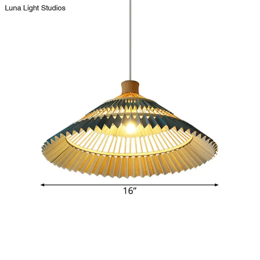 South-East Asian Bamboo Pendant Lamp with Blue Conical Shade - 1 Head Ceiling Lighting for Table - 16"/19.5" W