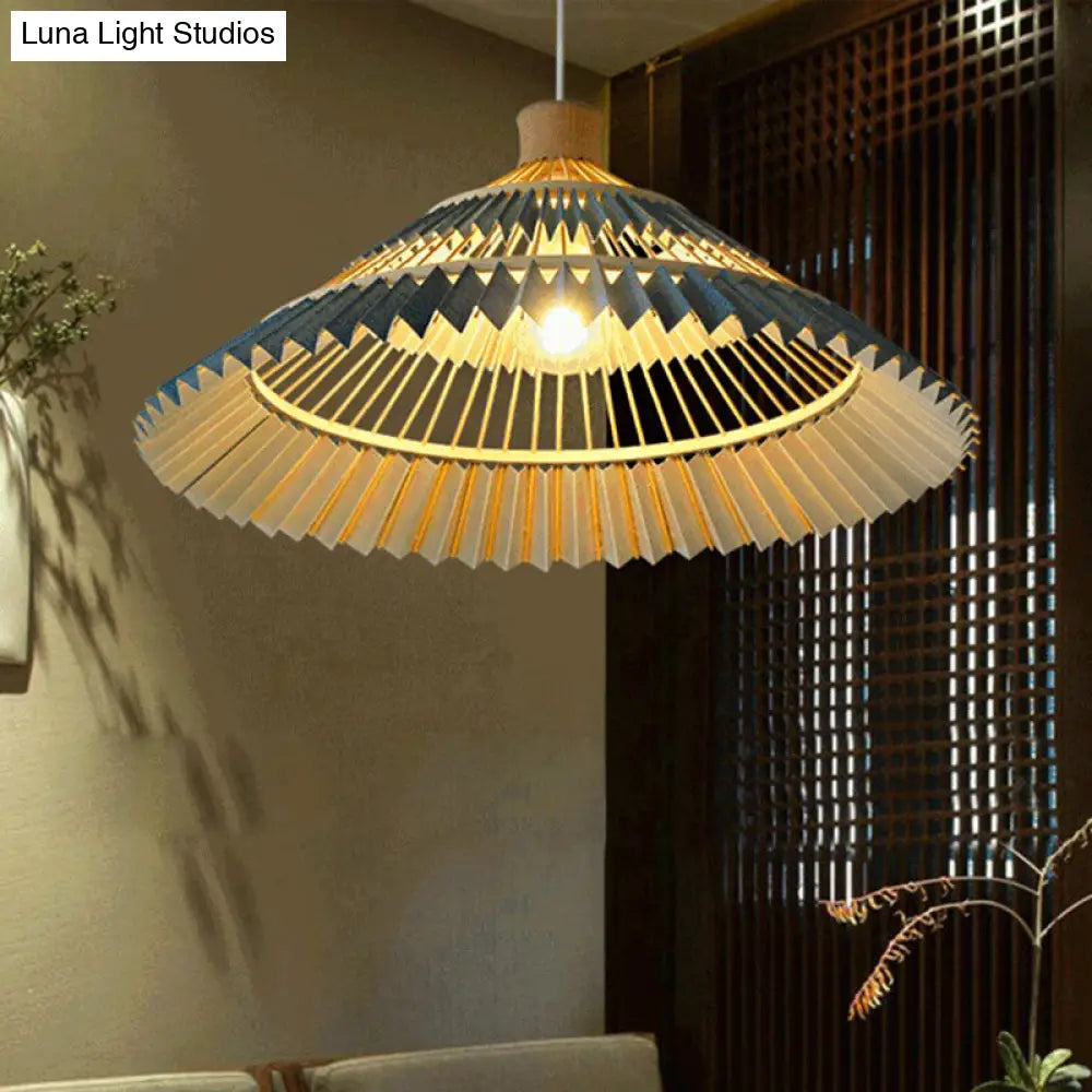 South-East Asian Bamboo Pendant Lamp with Blue Conical Shade - 1 Head Ceiling Lighting for Table - 16"/19.5" W