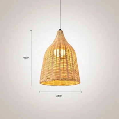 A warm-toned southeast asia natural and dark brown woven pendant light with a tapered conical rattan design