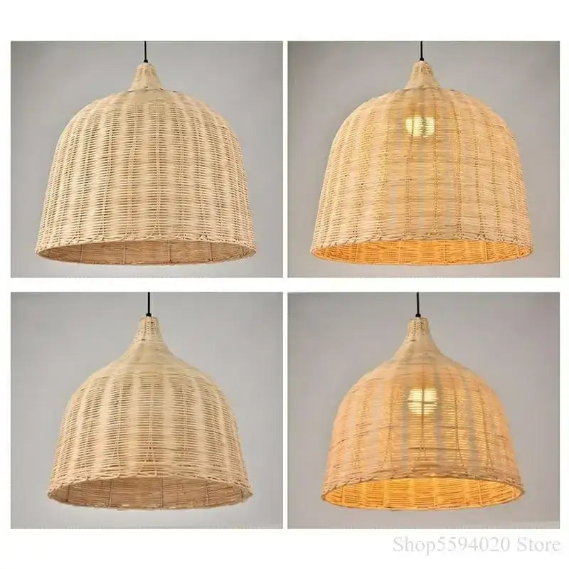 Natural woven rattan pendant light with warm golden glow in dark brown woven pendant for dining room decor
