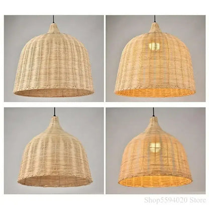 Natural woven rattan pendant light with warm golden glow in dark brown woven pendant for dining room decor