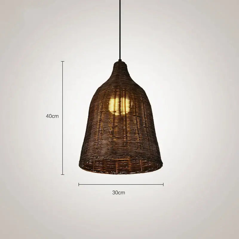 Dark brown woven rattan pendant light with bell-shaped design and 40cm height for dining room use
