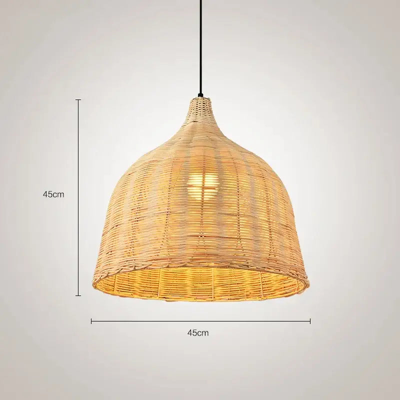 A 45cm diameter natural beige woven pendant light with a tapered dome shape for dining room use