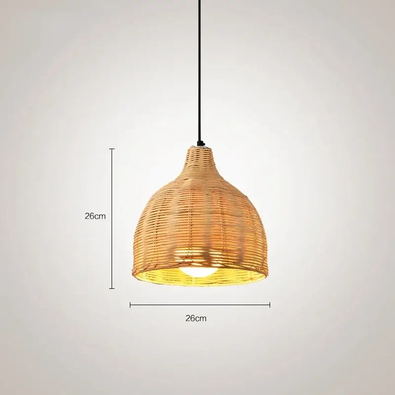 Southeast Asia natural dark brown woven pendant light with warm golden rattan interior and black hanging cord for dining room