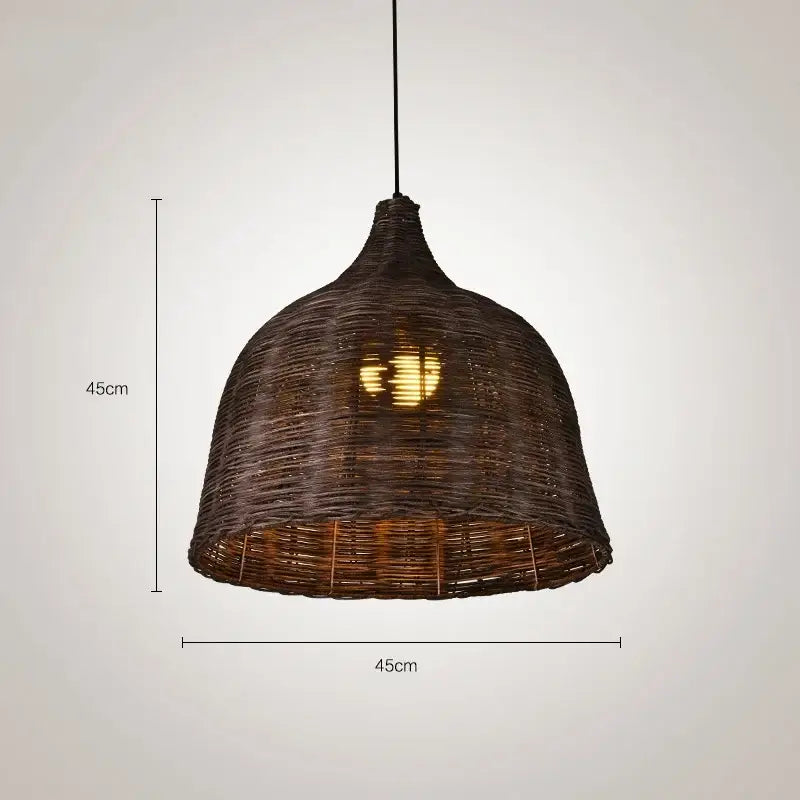 Dark brown woven pendant light with conical bell-shaped shade for dining room use in Southeast Asia style