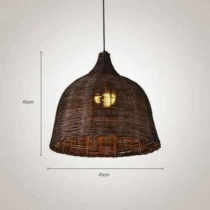 Dark brown woven pendant light with conical bell-shaped shade for dining room use in Southeast Asia style