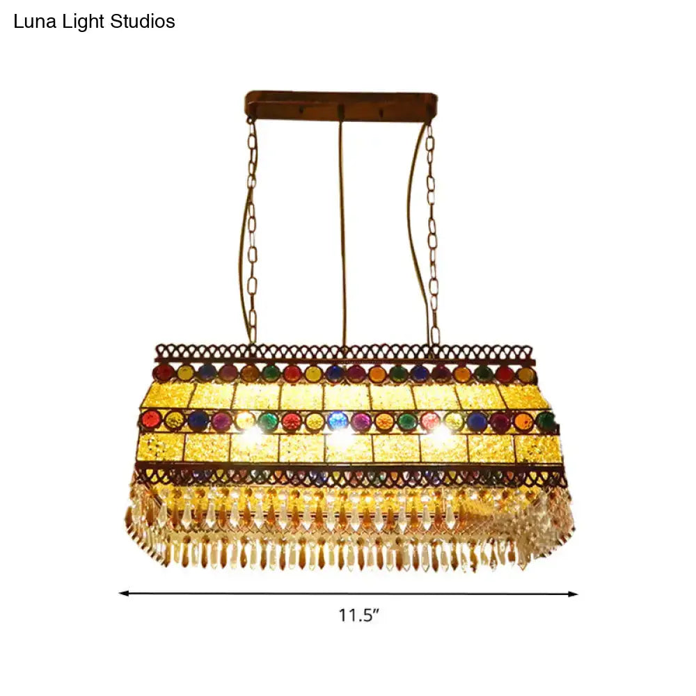 Decorbites southeast asian crystal drop rectangle living room pendant light with brass frame yellow mosaic panels