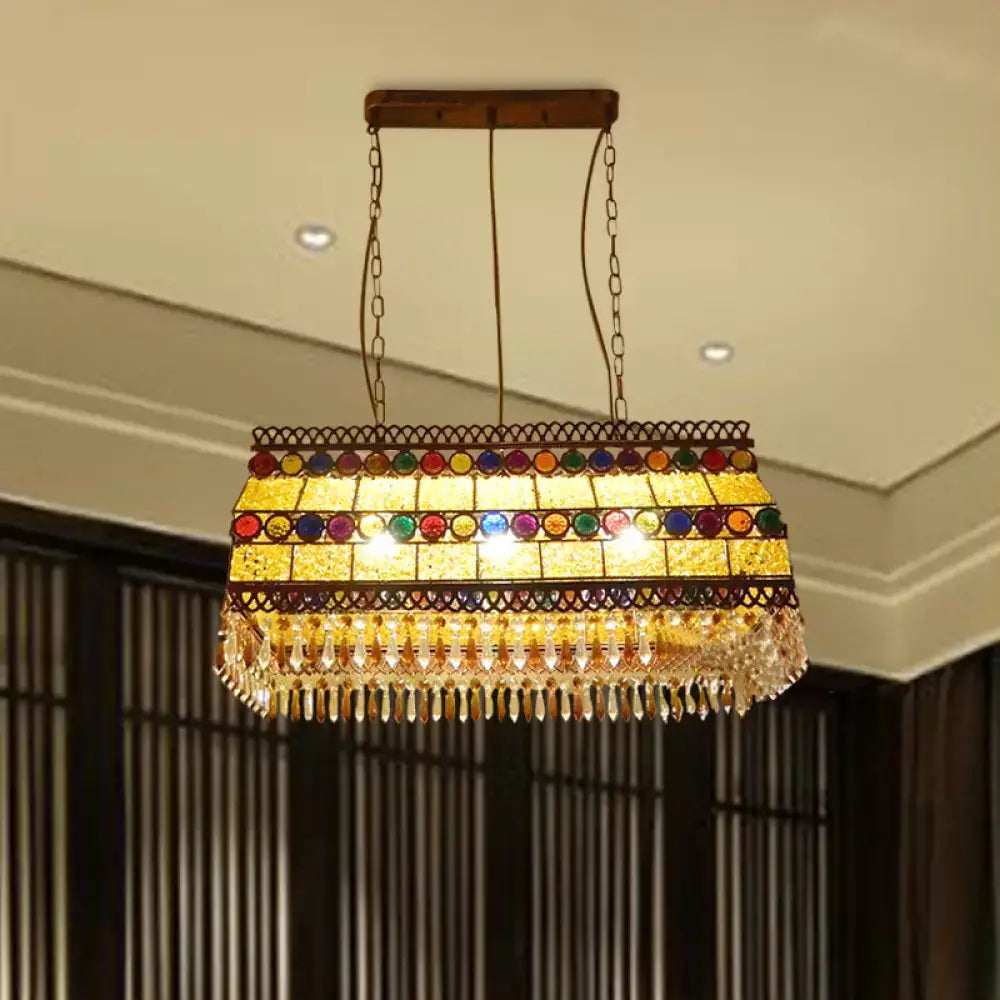 DecorBites southeast asian crystal drop rectangle living room pendant light with colorful stained glass and gold frame