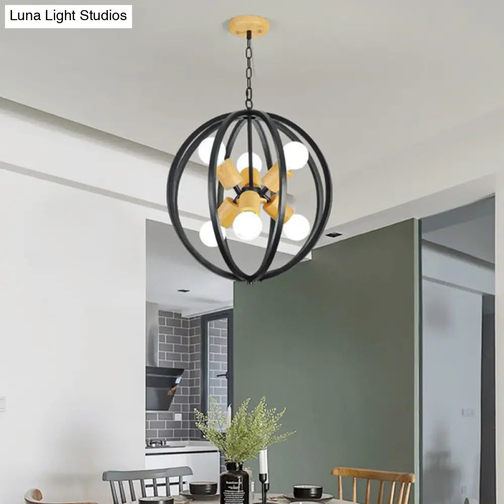 Spherical Antique Style Wrought Iron Ceiling Lamp with 6 Lights - Black/White Chandelier for Dining Room Lighting