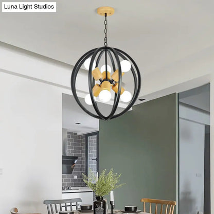 Spherical Antique Style Wrought Iron Ceiling Lamp with 6 Lights - Black/White Chandelier for Dining Room Lighting