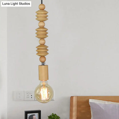 Spherical Bead Wood Hanging Lamp - Lodge Style Bedside Pendant Light with Bare Bulb - 12.5"/14" Height