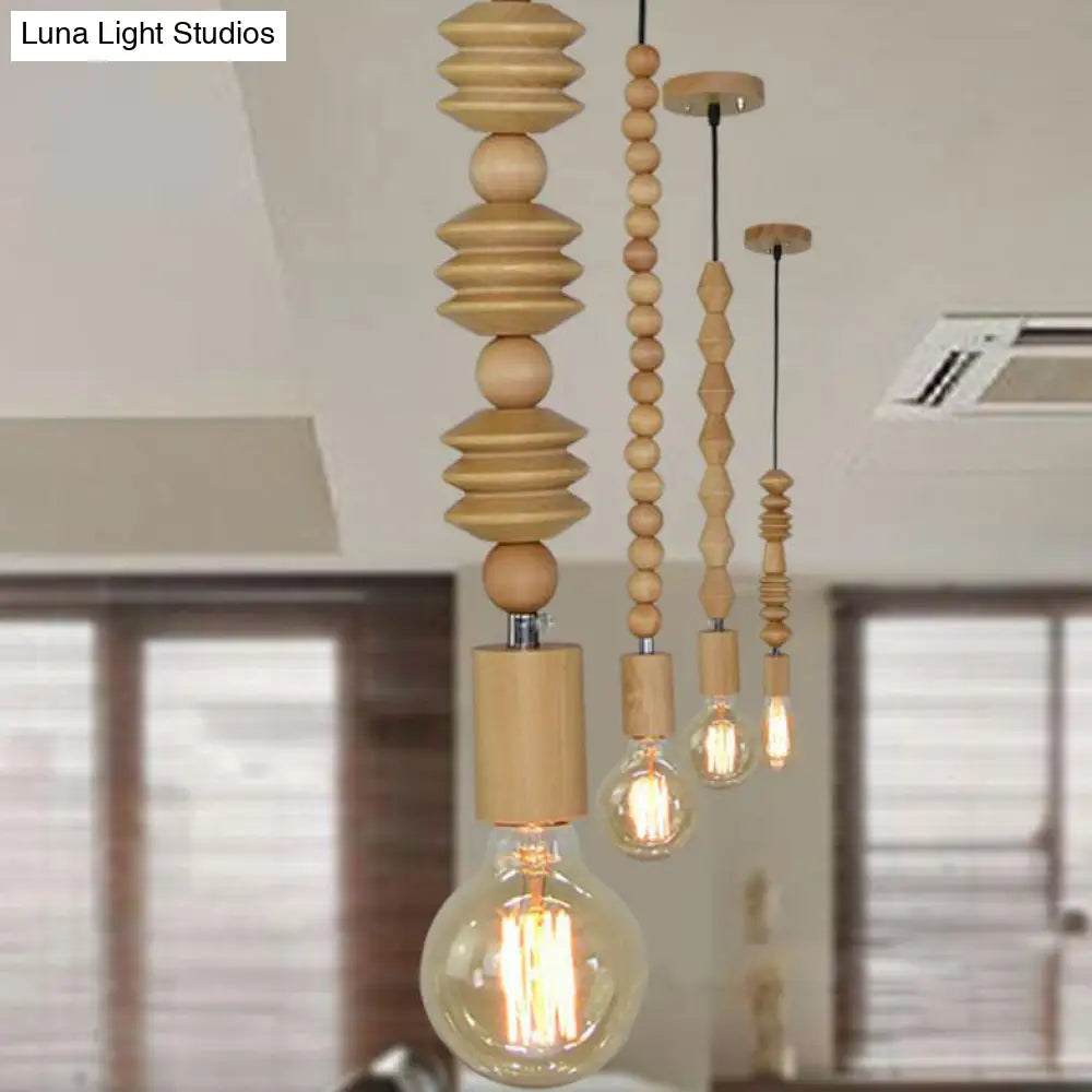 Spherical Bead Wood Hanging Lamp - Lodge Style Bedside Pendant Light with Bare Bulb - 12.5"/14" Height