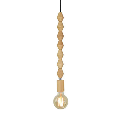 Spherical Bead Wood Hanging Lamp - Lodge Style Bedside Pendant Light with Bare Bulb - 12.5"/14" Height