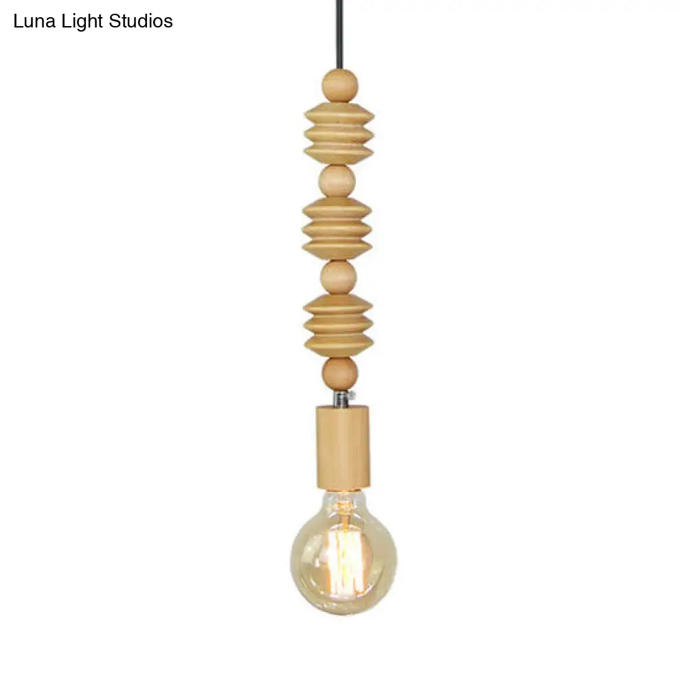 Spherical Bead Wood Hanging Lamp - Lodge Style Bedside Pendant Light with Bare Bulb - 12.5"/14" Height