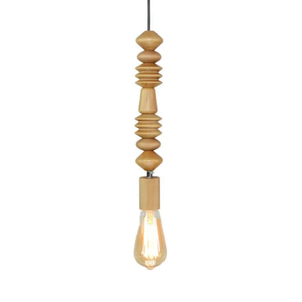 Spherical Bead Wood Hanging Lamp - Lodge Style Bedside Pendant Light with Bare Bulb - 12.5"/14" Height