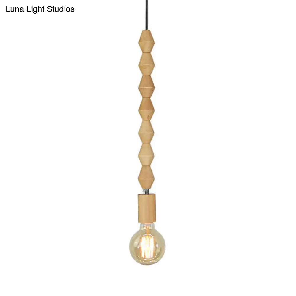 Spherical Bead Wood Hanging Lamp - Lodge Style Bedside Pendant Light with Bare Bulb - 12.5"/14" Height