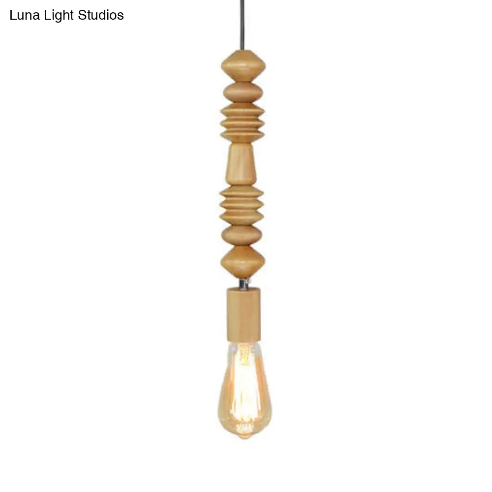 Spherical Bead Wood Hanging Lamp - Lodge Style Bedside Pendant Light with Bare Bulb - 12.5"/14" Height