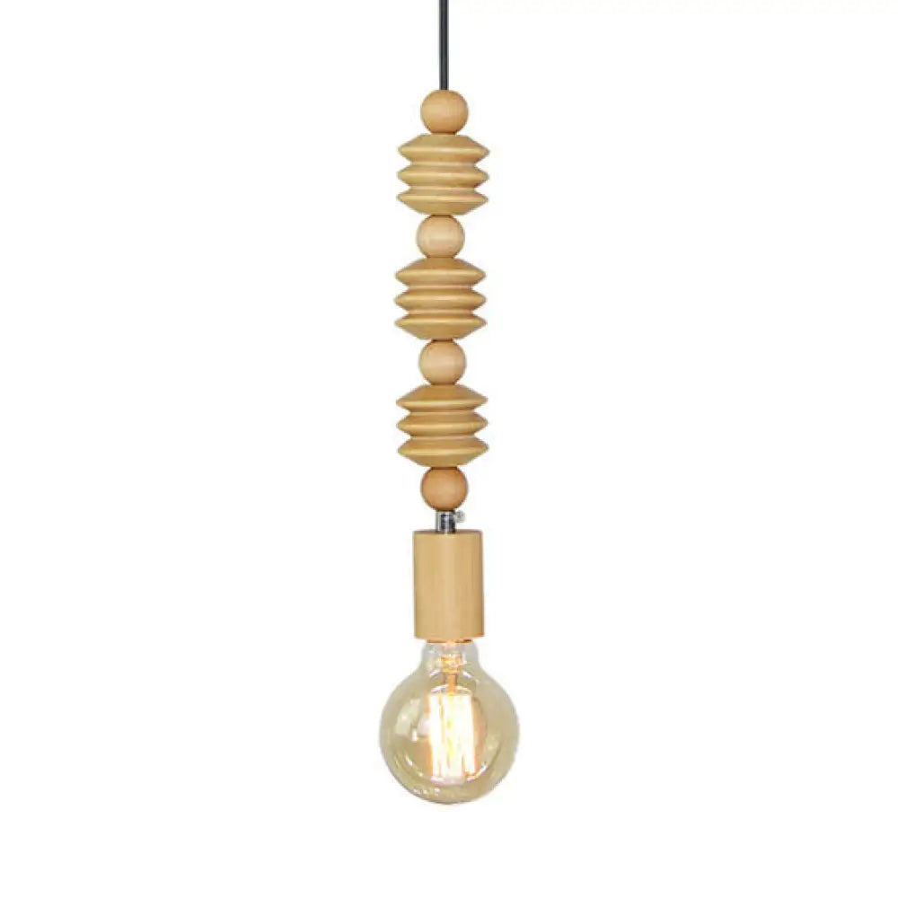 Spherical Bead Wood Hanging Lamp - Lodge Style Bedside Pendant Light with Bare Bulb - 12.5"/14" Height