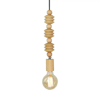 Spherical Bead Wood Hanging Lamp - Lodge Style Bedside Pendant Light with Bare Bulb - 12.5"/14" Height