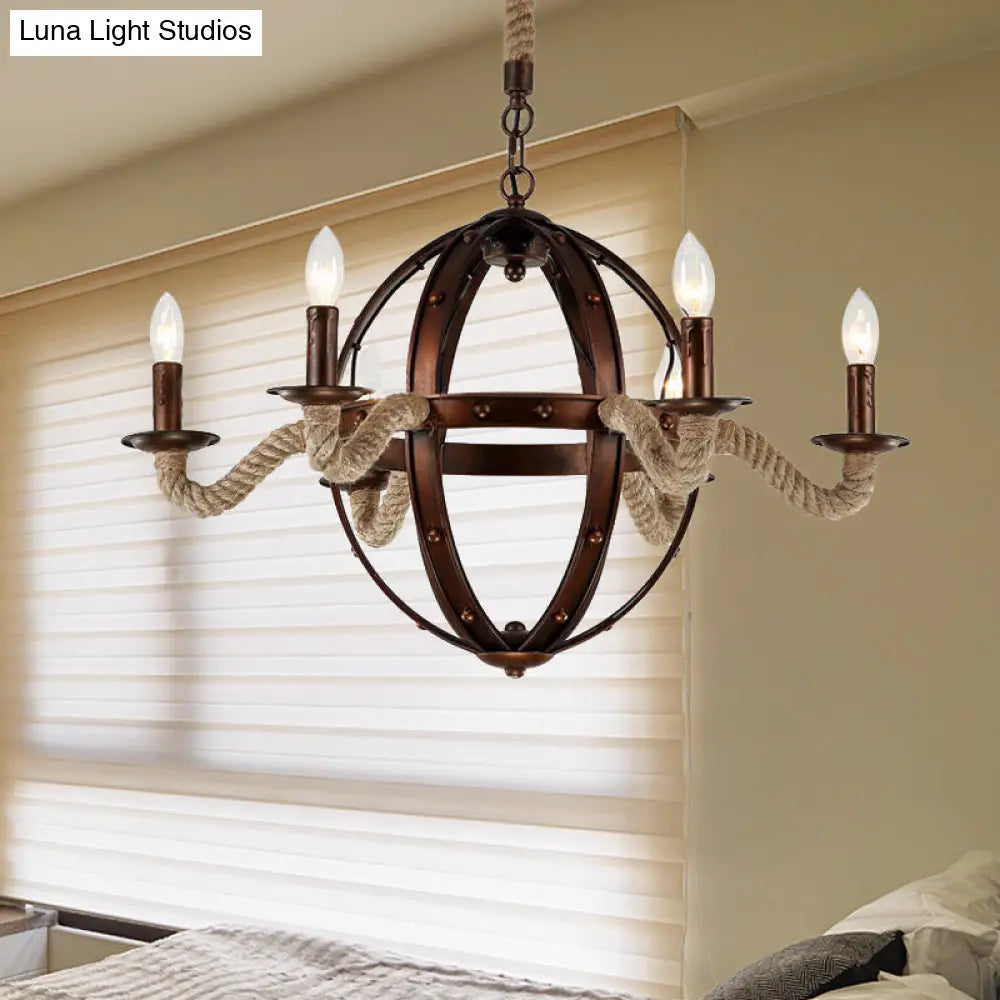 Spherical Chandelier Light Fixture with Rustic Black Finish - Antique Metal Multi-Light Farmhouse Hanging Lamp + Rope/Chain