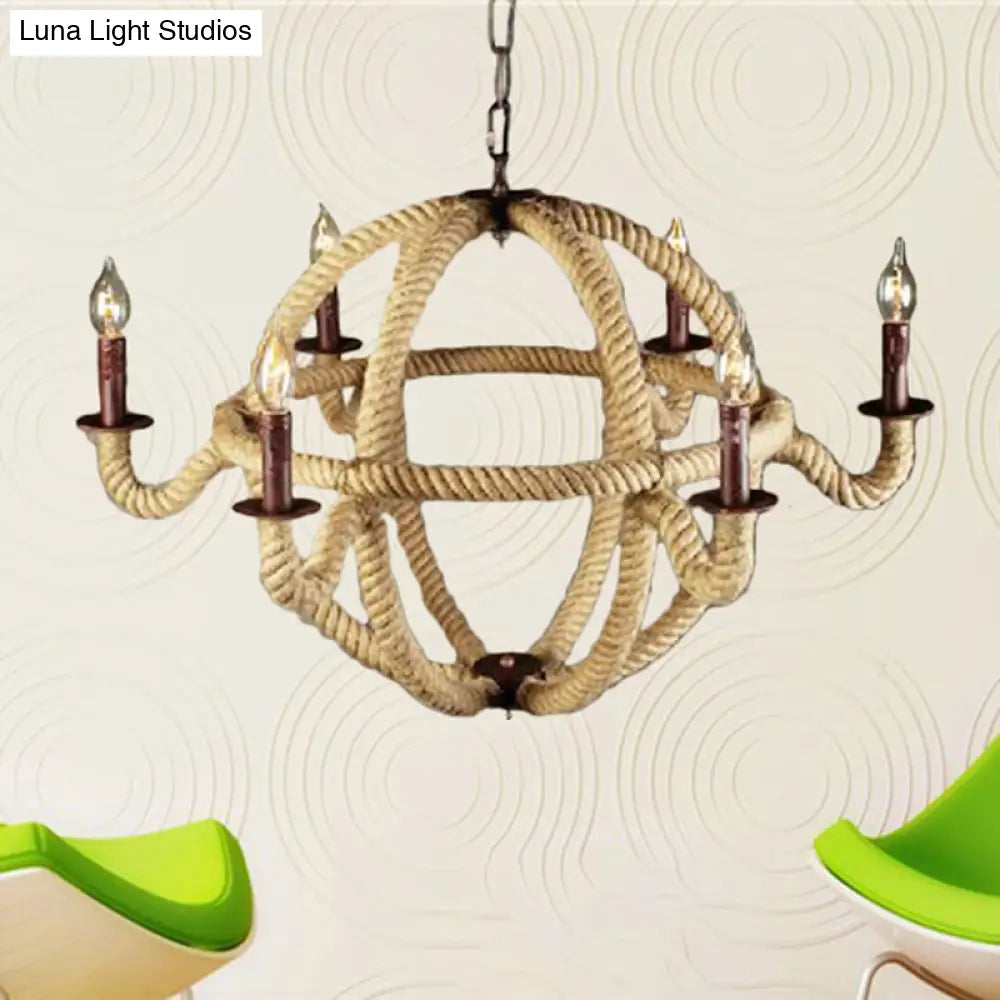 Spherical Chandelier Light Fixture with Rustic Black Finish - Antique Metal Multi-Light Farmhouse Hanging Lamp + Rope/Chain