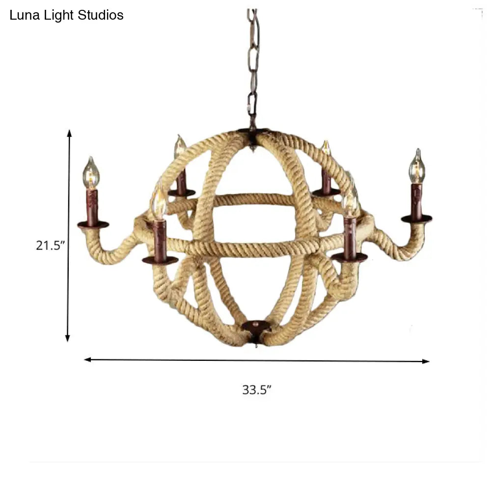 Spherical Chandelier Light Fixture with Rustic Black Finish - Antique Metal Multi-Light Farmhouse Hanging Lamp + Rope/Chain