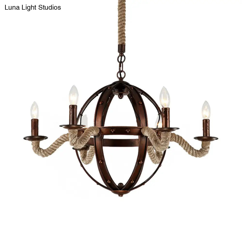 Spherical Chandelier Light Fixture with Rustic Black Finish - Antique Metal Multi-Light Farmhouse Hanging Lamp + Rope/Chain