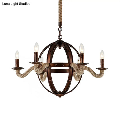 Spherical Chandelier Light Fixture with Rustic Black Finish - Antique Metal Multi-Light Farmhouse Hanging Lamp + Rope/Chain