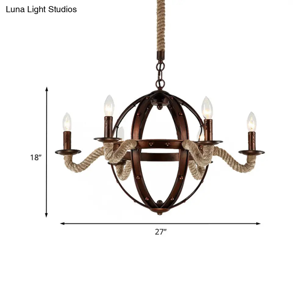 Spherical Chandelier Light Fixture with Rustic Black Finish - Antique Metal Multi-Light Farmhouse Hanging Lamp + Rope/Chain