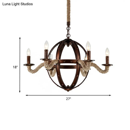 Spherical Chandelier Light Fixture with Rustic Black Finish - Antique Metal Multi-Light Farmhouse Hanging Lamp + Rope/Chain