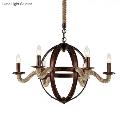 Spherical Chandelier Light Fixture with Rustic Black Finish - Antique Metal Multi-Light Farmhouse Hanging Lamp + Rope/Chain