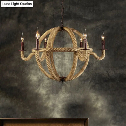 Spherical Chandelier Light Fixture with Rustic Black Finish - Antique Metal Multi-Light Farmhouse Hanging Lamp + Rope/Chain