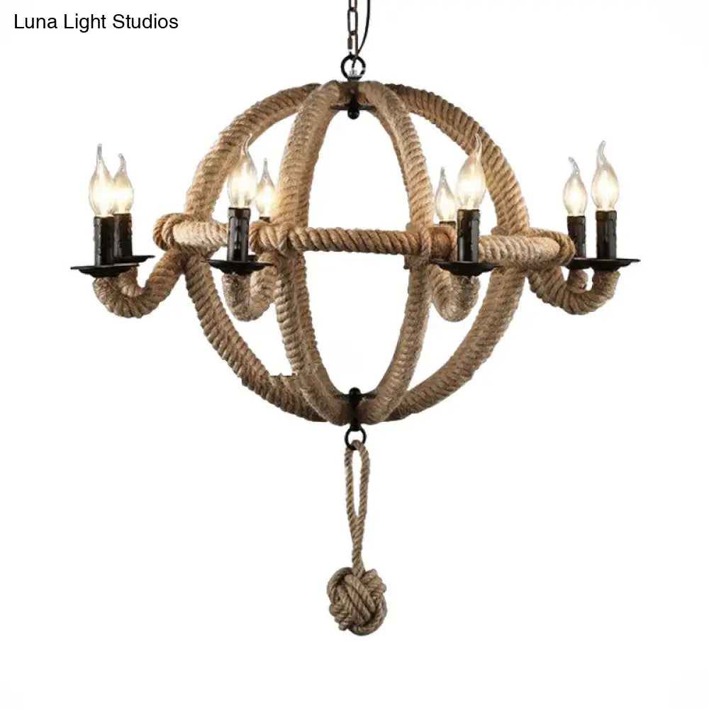 Spherical Chandelier Light Fixture with Rustic Black Finish - Antique Metal Multi-Light Farmhouse Hanging Lamp + Rope/Chain