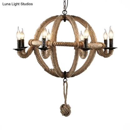 Spherical Chandelier Light Fixture with Rustic Black Finish - Antique Metal Multi-Light Farmhouse Hanging Lamp + Rope/Chain
