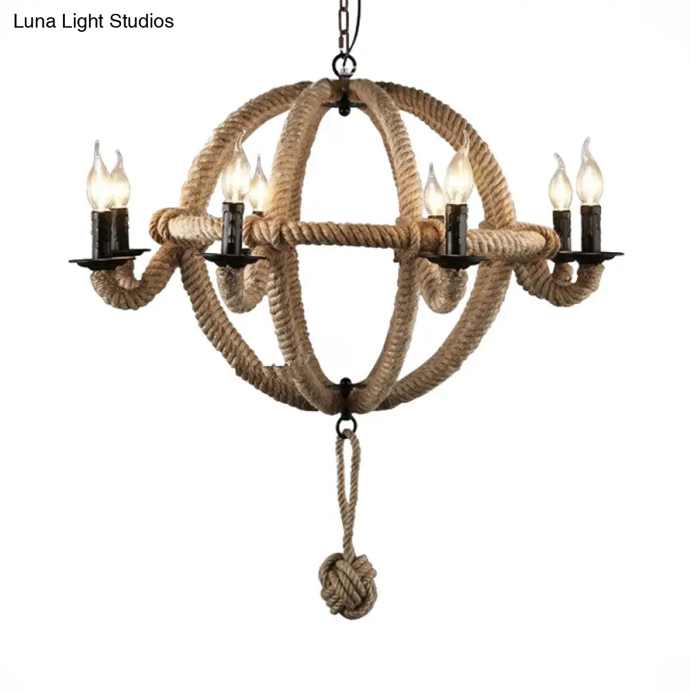 Spherical Chandelier Light Fixture with Rustic Black Finish - Antique Metal Multi-Light Farmhouse Hanging Lamp + Rope/Chain