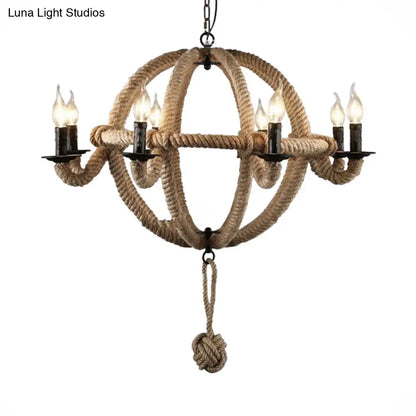Spherical Chandelier Light Fixture with Rustic Black Finish - Antique Metal Multi-Light Farmhouse Hanging Lamp + Rope/Chain