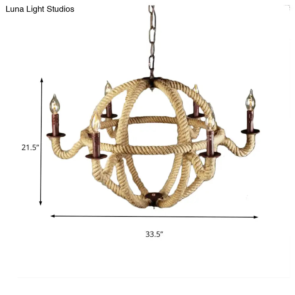 Spherical Chandelier Light Fixture with Rustic Black Finish - Antique Metal Multi-Light Farmhouse Hanging Lamp + Rope/Chain