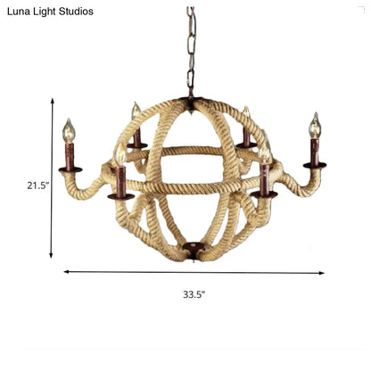 Spherical Chandelier Light Fixture with Rustic Black Finish - Antique Metal Multi-Light Farmhouse Hanging Lamp + Rope/Chain